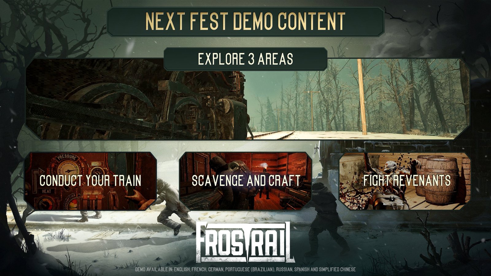 Official Frostrail demo graphic: next fest demo content, explore 3 areas, conduct your train, scavenge and craft, fight revenants